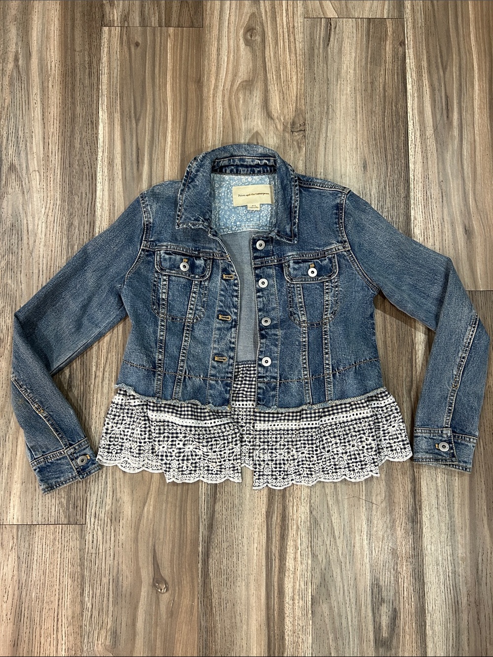 Pilcro and the Letterpress Blue Denim Jacket with White Lace Trim